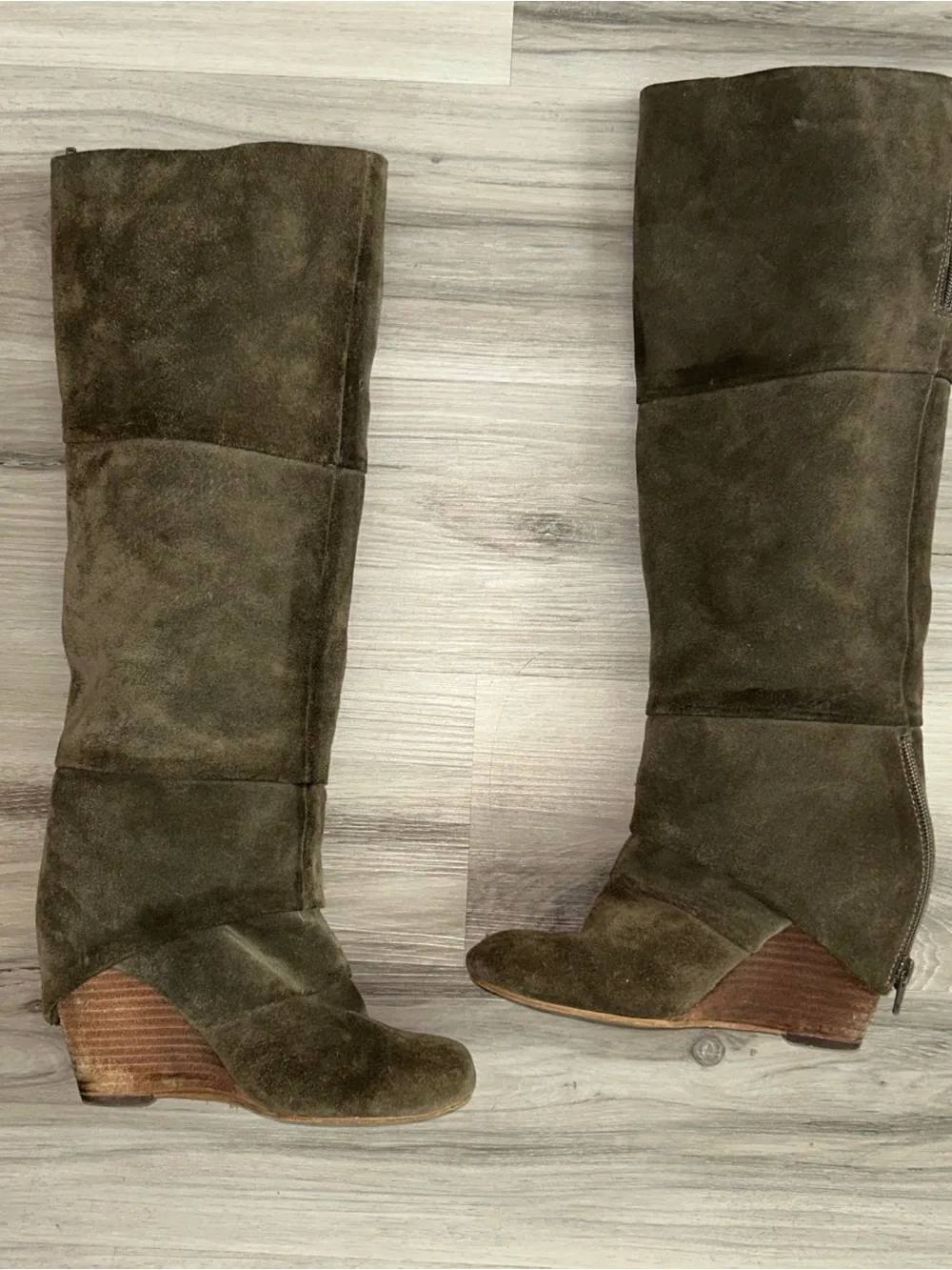 Fergie y2k Olive Green fold over Suede Over-the-Knee Wedge Boots